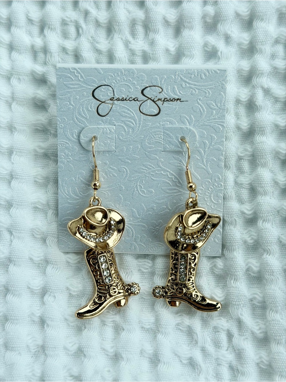 Jessica Simpson Cowboy Boots Dangle Earrings Gold Tone Rhinestone Western NWT